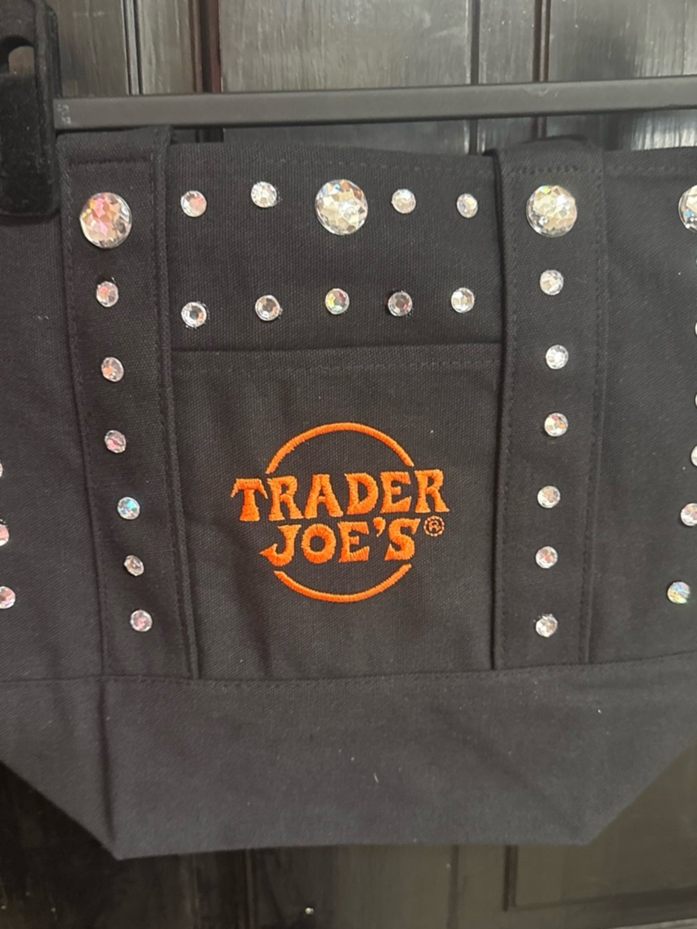 Black Canvas Tote with Orange Logo and Rhinestone Accents